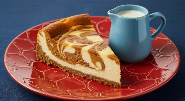 A slice of Gooey Caramel Cheesecake served with cream