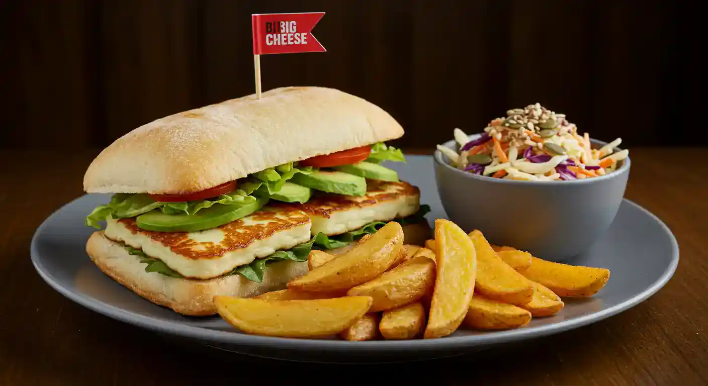 Big cheese veggies burger and fries is on the plate