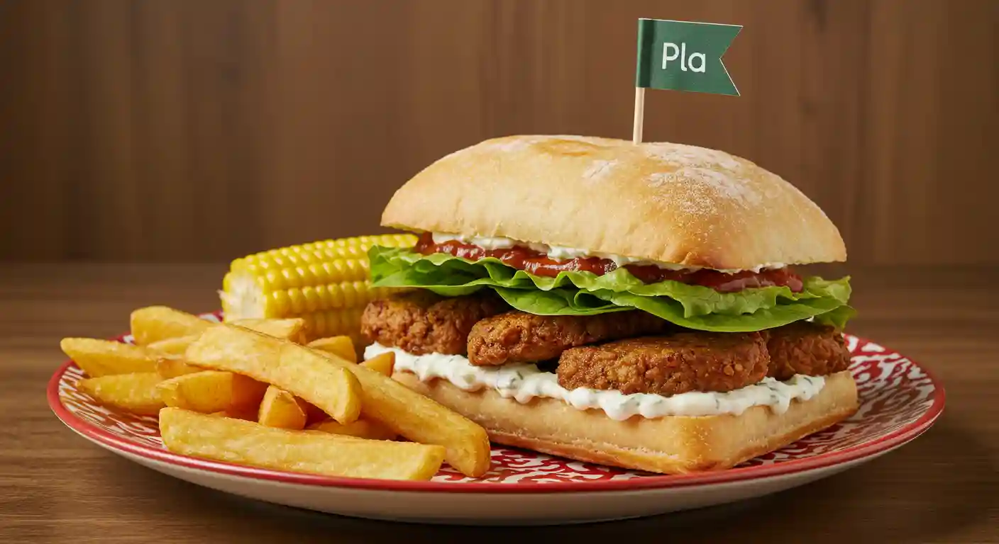 Nandino Burger, fries and corn