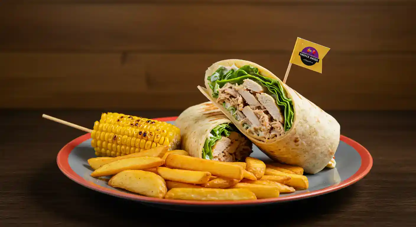 Super Caeser Wrap with fries and corn in the plate